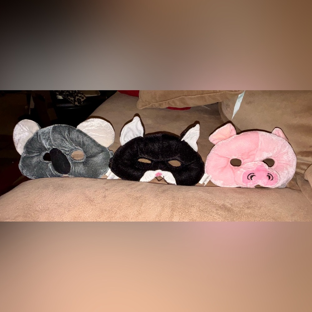 PLUSH STUFFED BLACK CAT, PINK PIGGY, GRAY KOALA MASKS, AGE 3 + PRETEND PLAY